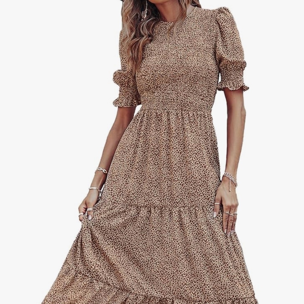 NWT XL Bohemian Leopard Print Maxi Dress Smocked Bodice